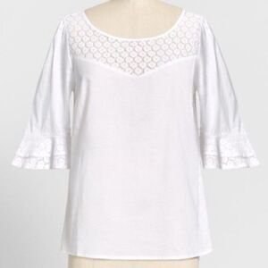 Modcloth White Cotton Short Sleeve Blouse Puff Sleeves Daisy Print Lace White XS